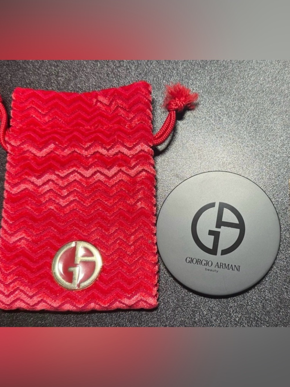 Giorgio Armani Logo Mirror in Red Velvet Drawstring Pouch